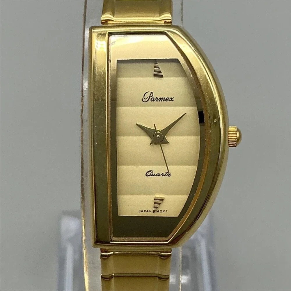 Parmex Womens Watch 19mm Asymmetrical Champagne Dial Gold Tone New Battery